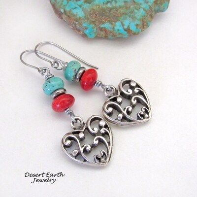 Turquoise Red Coral Pewter Filigree Heart Earrings, Sundance Southwest Style, Valentine Jewelry Gifts for Wife-Mom-Girlfriend - image4